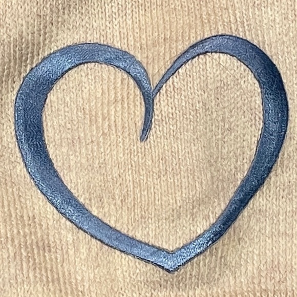 New Custom Designed Tan Cashmere Blend Pom Beanie w/ Embroidered Blue Open Heart